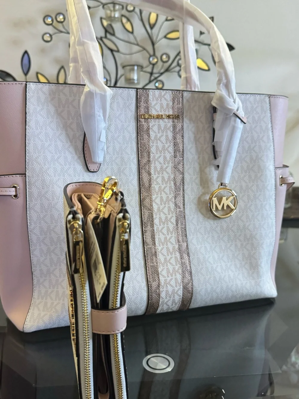 Michael Kors Cream and Brown Logo Wristlet and Clutch Set